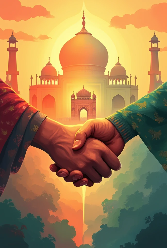 ## Poster Design for Hindu-Muslim Unity
**Visuals:**
* Centered image: Two hands shaking, one with a Hindu rudraksha bracelet and the other with a Muslim prayer beads bracelet.
* Background: A collage of vibrant colors and patterns representing Hindu and Muslim art and architecture (e.g., rangoli designs, mosque mosaics).
**Text:**
Hindu & Muslim, Together We Thrive (in a clear, readable font)
**Color Scheme:**
* Use colors that represent both religions (e.g., saffron, green, white)
* Opt for bright and harmonious tones
**Additional Ideas:**
* You can add symbols of peace like a dove or an olive branch