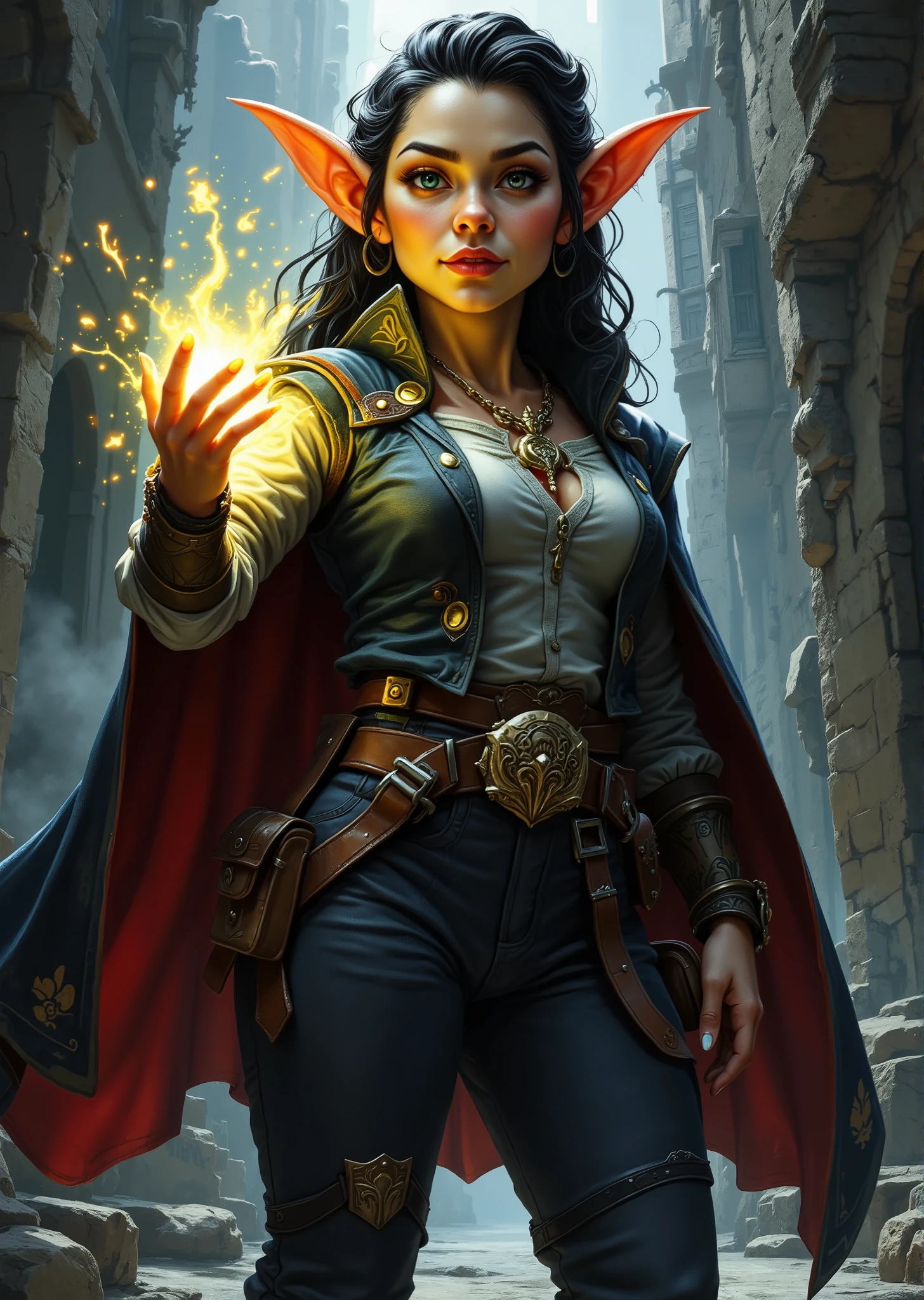 An extremely detailed comic book illustration of a stunningly beautiful extremely curvaceous Gnome from Dungeons and Dragons petite magical folk with big eyes and pointed ears created by gods of invention and illusion seldom seen by other folk due to the gnomes' secretive nature and their propensity for living in forests and burrows making up for their small size with the cleverness trained as a Dungeons and Dragons Arcane Trickster Rogue relying on cunning stealth and their foes vulnerabilities to get the upper hand in any situation focusing on stealth and deception as well as climbing finding and disarming traps and opening locks prioritizing subtle strikes over brute strength mastering magical tricks to aid her in her trade wearing a vibrant and dynamic outfit that reflects a playful yet cunning personality perfect for a rogue or trickster with a richly colored dark cloak flowing over her shoulders fastened at the front with a decorative clasp with a luxurious texture lined with a contrasting color enhancing its visual appeal a fitted dark shirt that allows for maximum mobility with subtle detailing that adds depth to her look a sleeveless vest that is fitted and features multiple pockets for carrying tools and gadgets adorned with intricate patterns and designs suggesting her resourcefulness and flair for style fitted sleeves that extend to her wrists with one of her hands raised showcasing a glowing magical effect suggesting she possesses some magical abilities a wide belt cinching her waist decorated with various pouches both functional and stylish complementing the overall outfit dark fitted trousers that allow for ease of movement with reinforced areas for added durability.in an art style inspired by Frank Miller and Conan the Barbarian. The Background is awash in dark moody textured brushstrokes in grimey city streets tones. Standing in a dynamic action pose. Trending on Art Station.