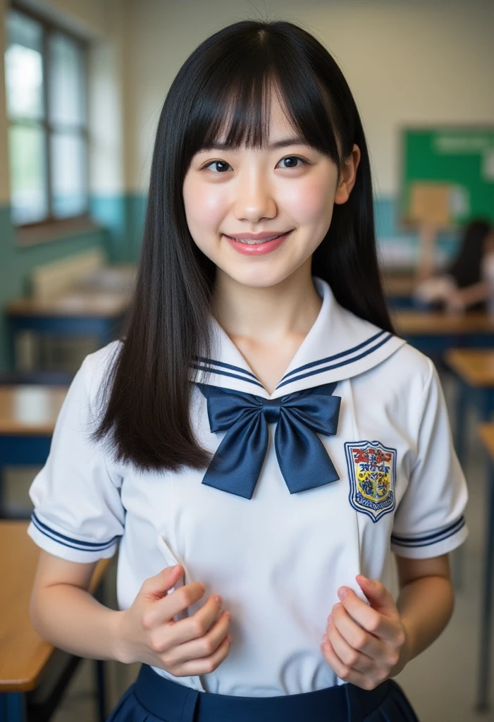 (​masterpiece,top-quality,超A high resolution),A Japanese Lady,Beginner girls、(Perfect limbs、perfect anatomia)、kawaii、High School Sailor School Uniform、Sailor suit with short sleeves、Navy blue skirt、Pure white、Beautiful skin、Moist eyes、Brown glittery hair、Colors and landscapes of youth、Premonition of love、Colossal tits、embarrassed grin、school classrooms、studying at a desk、notebook、Writing with a pen、textbook、curtains waving、window、weak sunshine、English Classes、