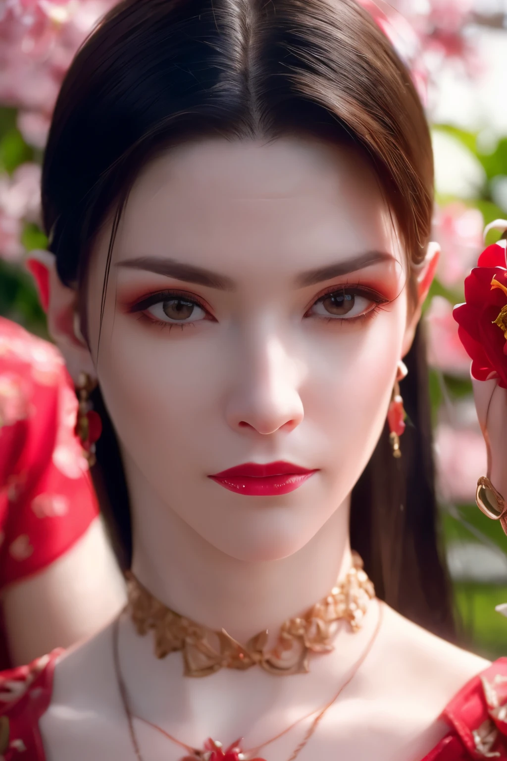 (RAW photo:1.2), (photorealistic:1.4),(intricate details:1.2),(masterpiece:1.3),(best quality:1.4), (ultra highres:1.2),1girl, solo, jewelry, earrings, pointy_ears, necklace, looking at viewer pose, red ornamental clothes, background : a garden with fluttering sakura petals, little strict expression on her face, beautiful face, good face symmetry, natural lighting, natural skin