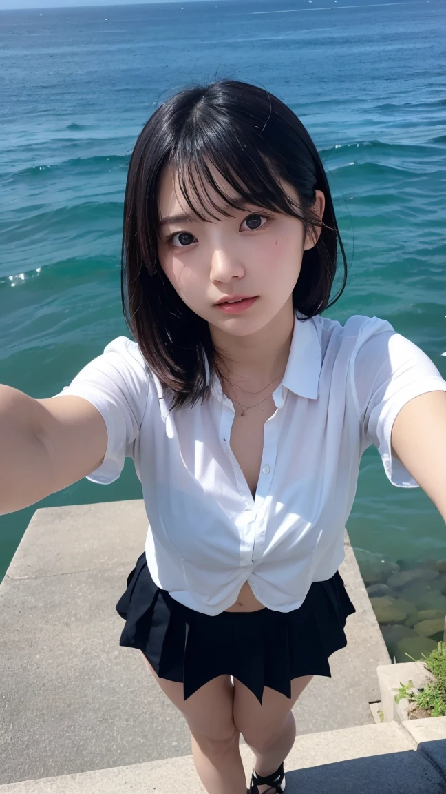 Best quality,raw photo , 19 years old Japanese female idol, from above ,
selfie,lying on Ground,t-shirts, low rise pants,Short hair, bowl cut ,cute face ,edgy,droop ,murky water , overflowing ,wet ,selfie, on the beach, rain,night,