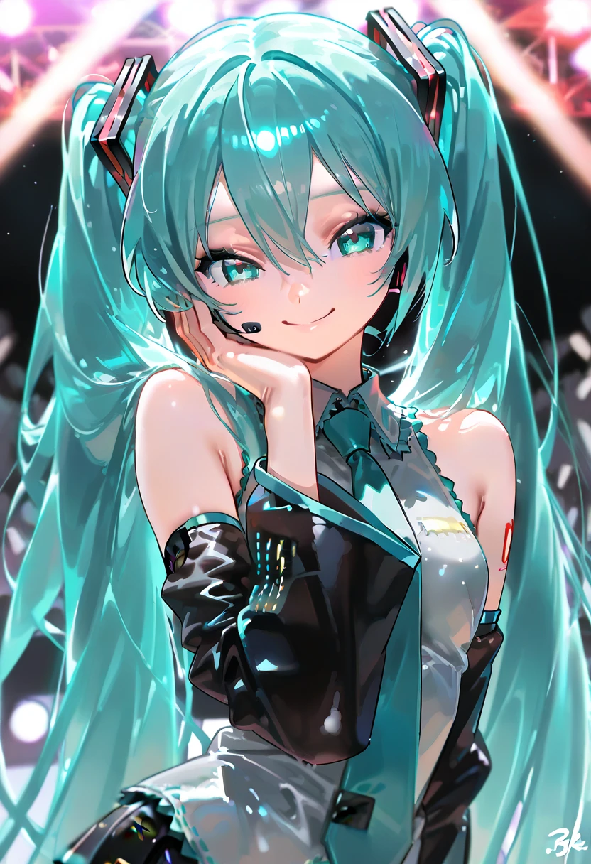 miku hatsune、absurderes, Hi-Res, The ultra-detailliert, 1girl in, 独奏,, Ultra-precise depiction,, (dynamicposes), (Abstract background:1.5), , short platinum blonde, (Glossy skin), multi colored, The upper part of the body, (From  above),Music、Light blue paper、stay character、livestream,