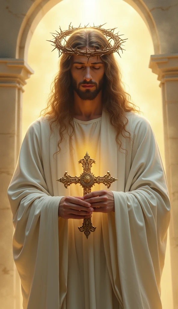 Jesus in a white robe holding a rosary in his hand 