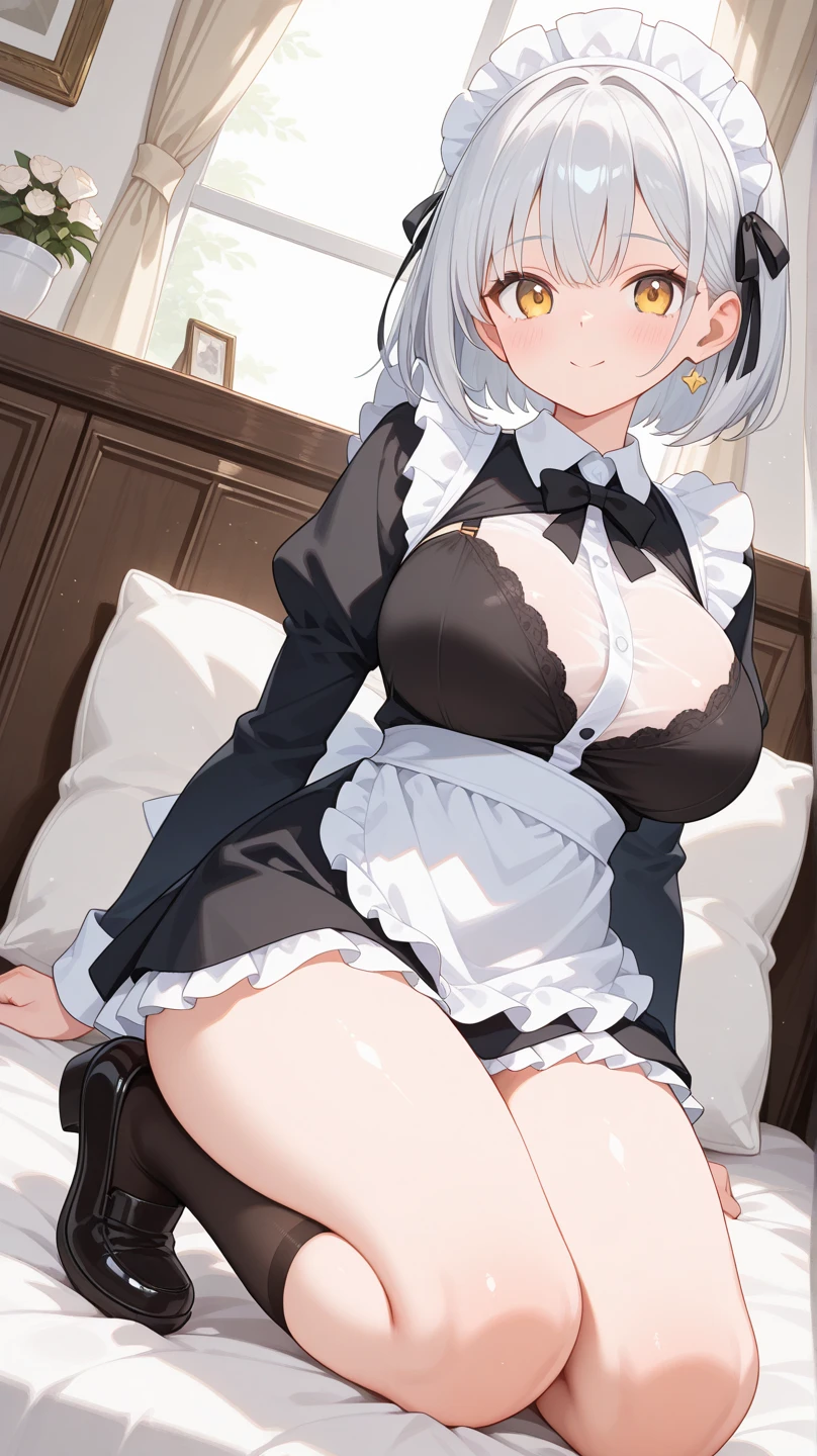 one person、low length、Young Girl、Bangs、Short Bob Hair、Headband、ribbon、Gray Hair、Blue Goth Clothes、Blue maid outfit、Sit with your legs apart、Pussy、Dripping a lot of thick white love juice、blush、Embarrassed expression、Sweat、See-through clothing、Big Breastasturbation、masturbation behavior、Striped underwear、clitoris、Transparent nipples
