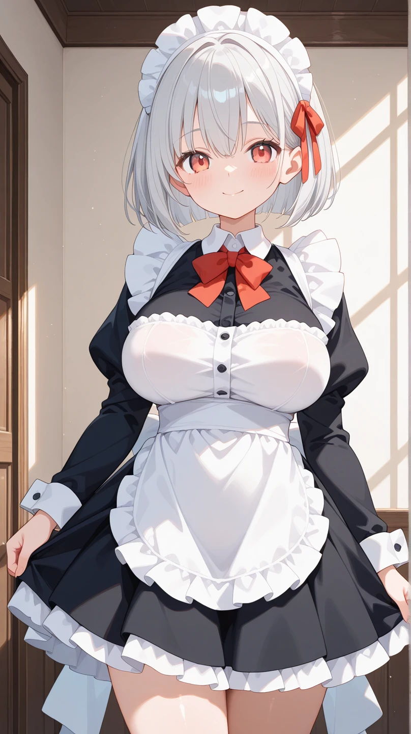 1girl, white hair, red eye, medium messy hair, hair over eye, full body, solo, standing in the bedroom, smiling, not blurry, huge breasts, thick body, (sexy maid dress)), blushing, rolling eyes, (transparent hair)
