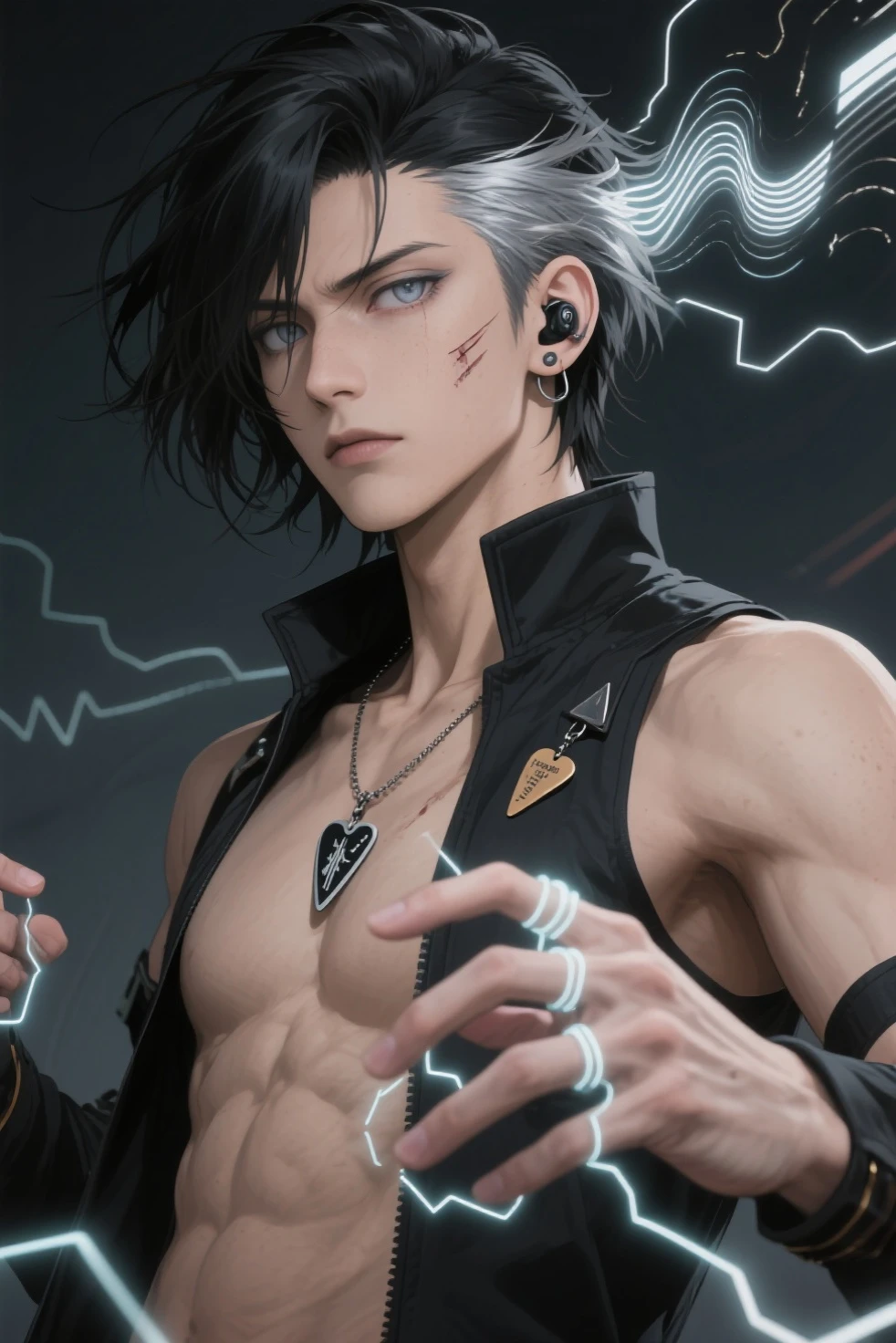 (8k,uploadsrrealista uploads Maximum quality;1.4) (1 young boy) Super handsome king of the underworld (lifelike face) (Short hair cyan hair) slenderbody Muscular and macho Black and cyan aristocratic costume with big cyan eyes Cyan decoration Fangs peeking out of the mouth Pointed claws a seductive gaze Beautiful expression A hyper-realistic (King of the Underworld) appealing (real looking skin) super high resolution high détail Black and cyan luxury pants Cyan aura emanating from the body effect cyan coat