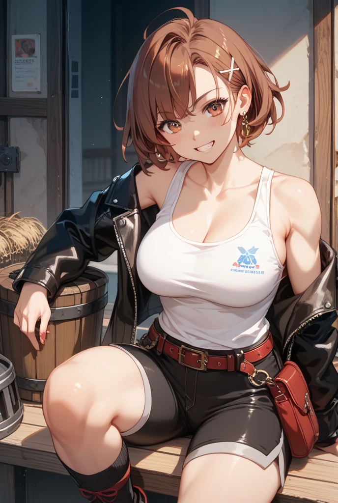 score_9_up, score_8_up, score_7_up, 1girl, solo, source_anime, hourglass figure, Big breasts, kemonomimi, bear ears, brown hair, short hair, messy_hair, blue eyes BREAK freckles, naked overalls, blue overalls, black gloves, , outdoors, blue sky, construction site, side view, looking at viewer, crossed arms, open mouth, standing, seriuous face
