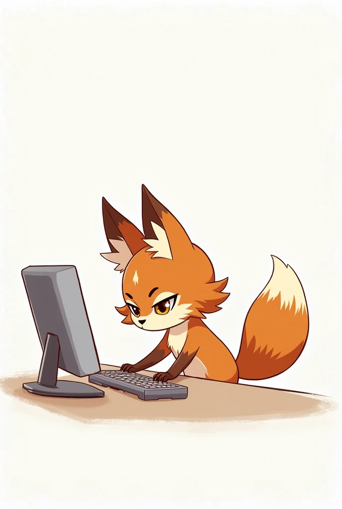 Nervous smiling, uploaded the e621, simple background, beautiful and detailed, woman (((female))) ((anthro)) Fox, (Averi, Fox girl), cinematic lighting, Fox, (anthro, fluffy fur, character focus:1.1), 1girl, anthro fox girl, body fur, curvy, sexy, nice, cute, hot, smug, fangs, sassy, sassy hips, speaking, comfortable anime-style cartoon-style, digital drawing, (half-closed eyes), green eyes, SFW, flat chest, on knees, spread legs, laptop, computer, table, chair, sitting on chair, side view