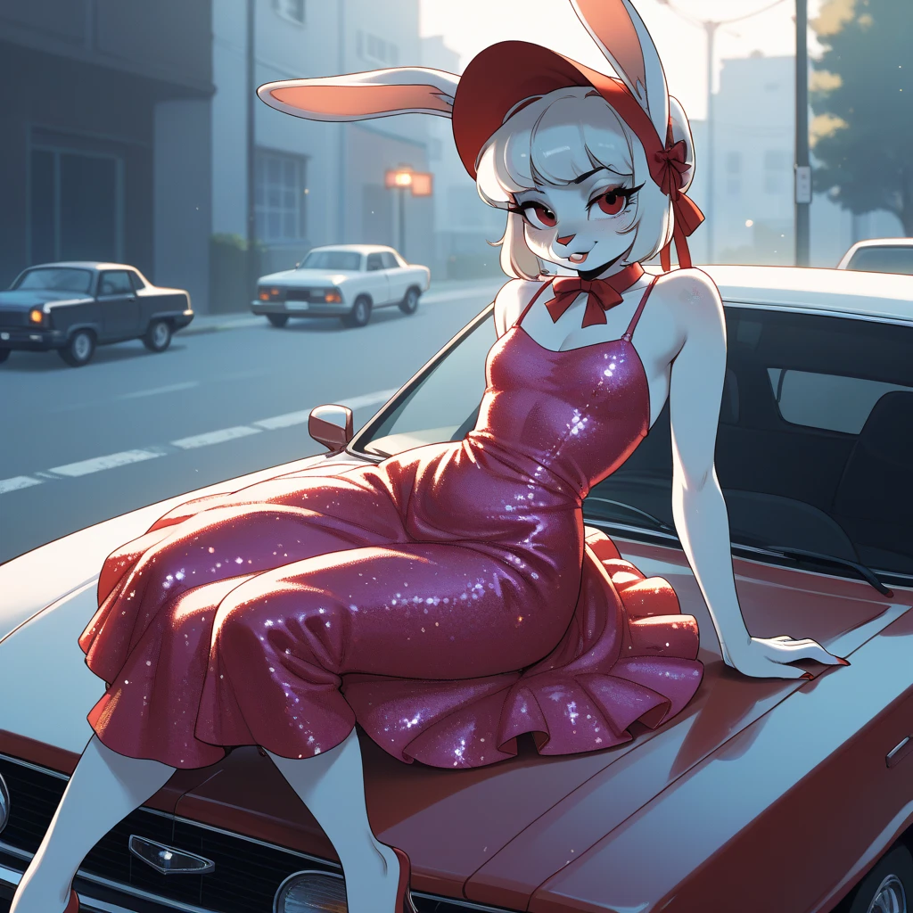 ((Masterpiece)), ((Best Quality)), (Very Detailed), ((Very Detailed)), 4K, (8K), very aesthetic, absurdres highres, 1 woman, (anthropomorphic Rabbit, furry, kemono:1.5), A beautiful female model stands next to a metallic vintage car on a city street corner at sunset. She strikes a graceful pose and is photographed from a low angle. The car's bumper and classic wheels shine, buildings in the background is depicted in detail. looking at viewer