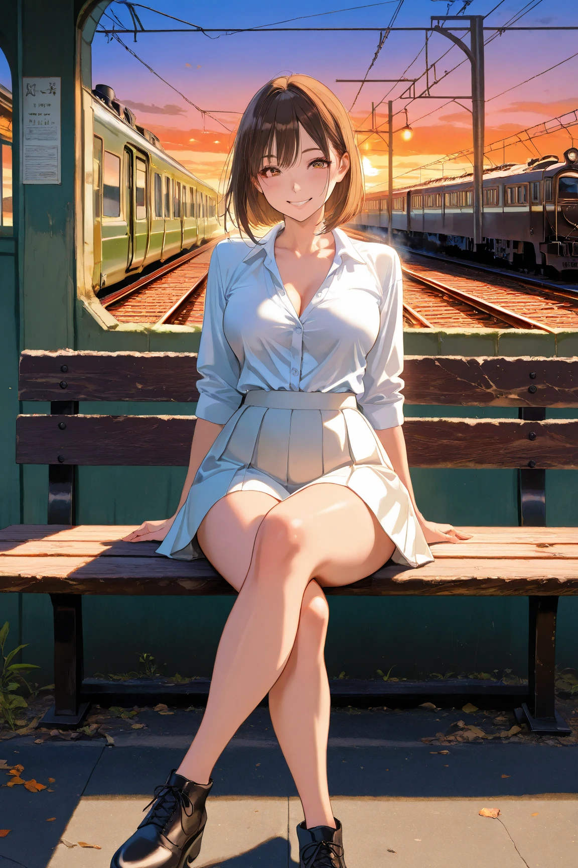 (masterpiece, best quality:1.2), abandoned train, in a flower field, 1girl, no panties, bottomless, open shirt, sitting by a train, warm, summer, vibrant colors, best lighting, best shadows