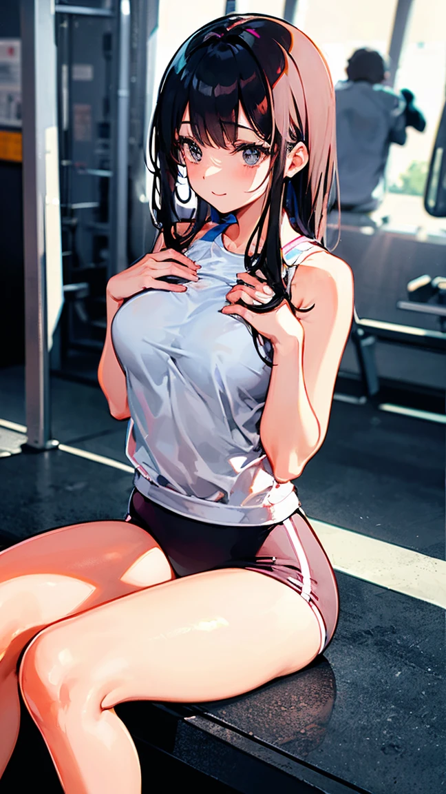 top-quality、Top image quality、masterpiece、girl with((cute little、18year old、Best Bust、Medium bust、Bust 85,Beautiful blue eyes、Breasts wide open,Long Black Hair、A slender、Middle knot、Black Sports Bra、,Reflecting the whole body、Sweating、Wrap a towel around your neck、Lying on your back on a bench、Panting face))hiquality、Beautiful Art、Background with((clubhouse、Locker Room、natta、Virtual Worlds)),masutepiece、Elaborate design、visualart、depth of fields、The best lighting、highestdetailed、8k,Super delicate