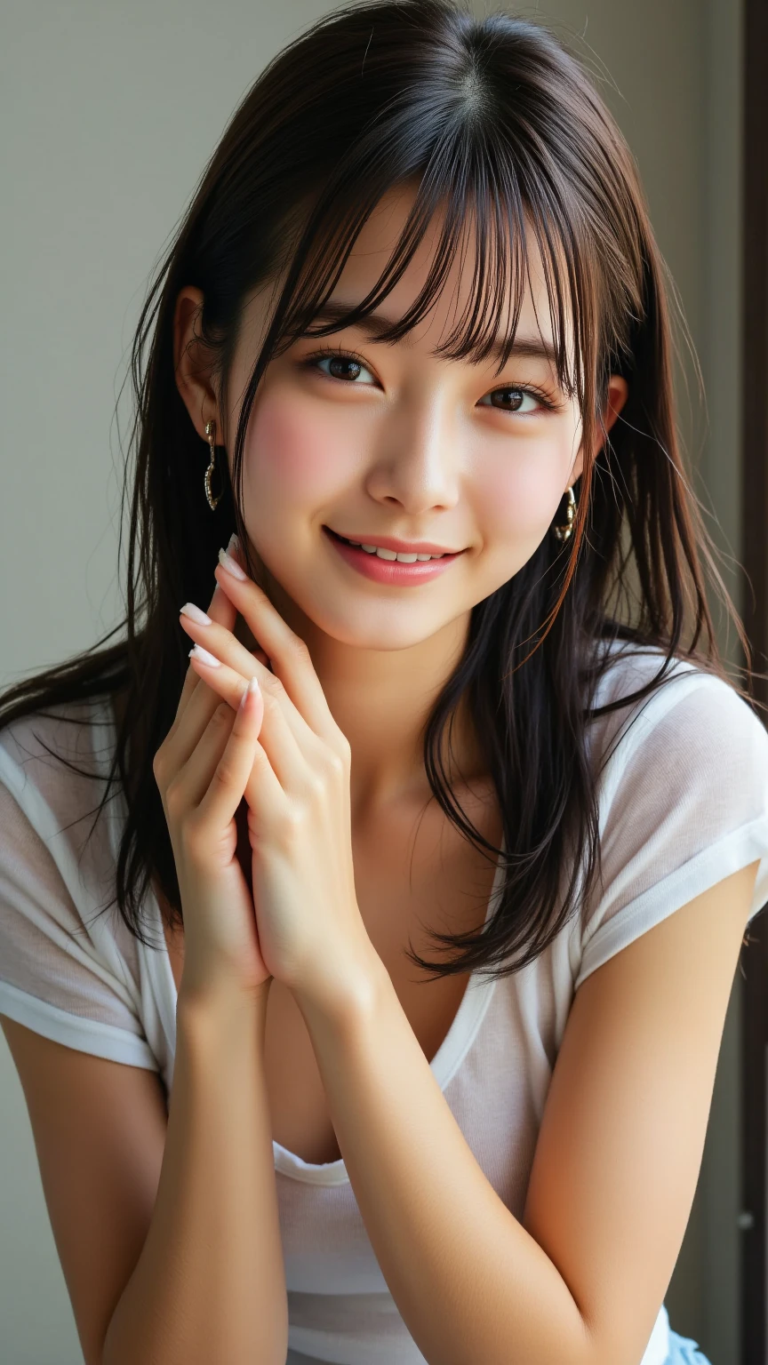 (8k、RAW Photos、Highest quality、masterpiece:1.2)、((whole body、Long face、Droopy eyes、Long legs、smile、、pubic hair:1.5))、((Cheekbones are prominent、Nasolabial folds:1.3))、(Realistic、Realistic)、1 girl、((naked、g、After sexual、mornining日が差し込む、 Hotel Bedroom、Lie down in bed、Bathrobes、smile))、cute