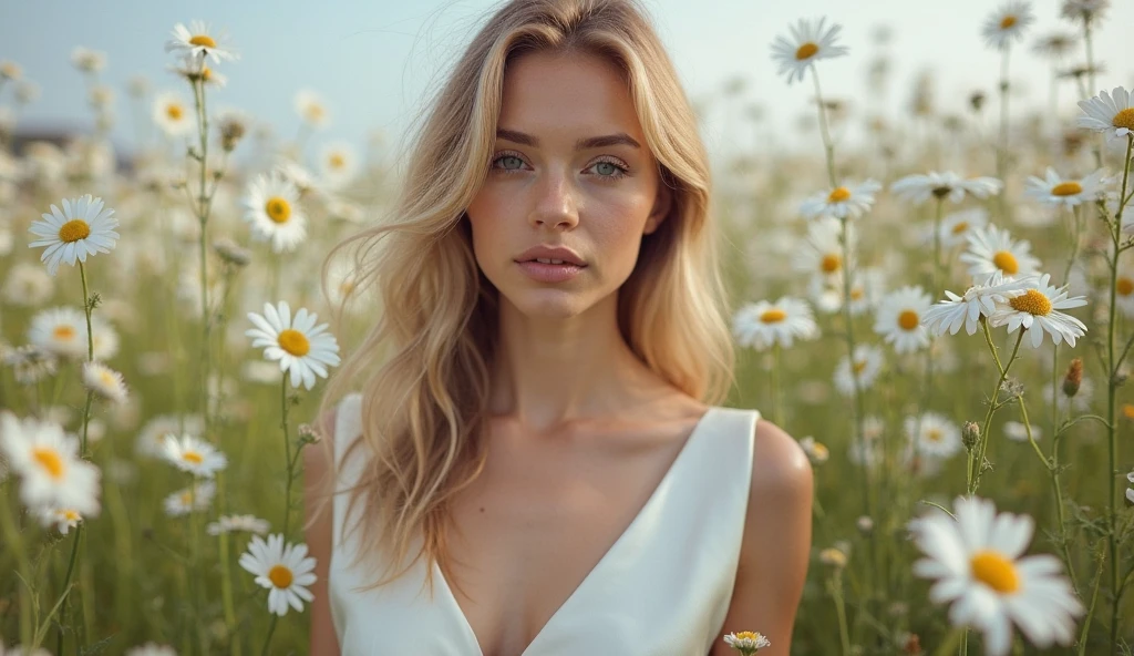 ((beautiful woman, 22 years old, a thin fit body blonde)), Sitting in a meadow with daisy flowers, full cleavage, shapely firm breasts, highly detailed skin texture, alluring, masterpiece, best lighting, best quality, high resolution hyper realistic, photorealistic, high-res photography,