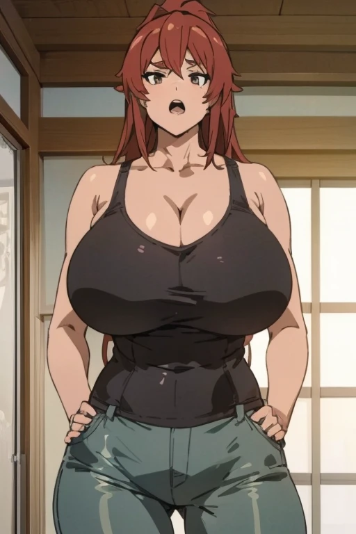 Large mature woman with a huge chest and bright high red hair. She is wearing a black vest that shows her navel and underneath she is wearing blue pants and a large black boot on the background of a natural field