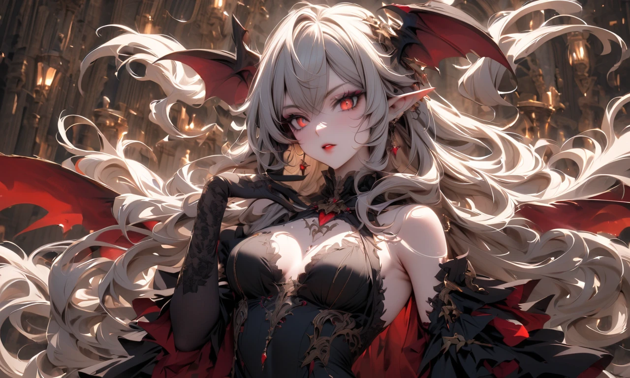 Create an image of the most stunningly gorgeous beautiful perfect sexy vampire elf, beautiful perfect face, long luscious eyelashes, black eyeliner, perfect makeup, lipstick, vibrant detailed vampire slit pupils, long luscious black hair, platinum blond highlights, seductive gothic intricate black dress,