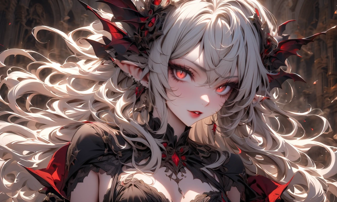 Create an image of the most stunningly gorgeous beautiful perfect sexy vampire elf, beautiful perfect face, long luscious eyelashes, black eyeliner, perfect makeup, lipstick, vibrant detailed vampire slit pupils, long luscious black hair, platinum blond highlights, seductive gothic intricate black dress,