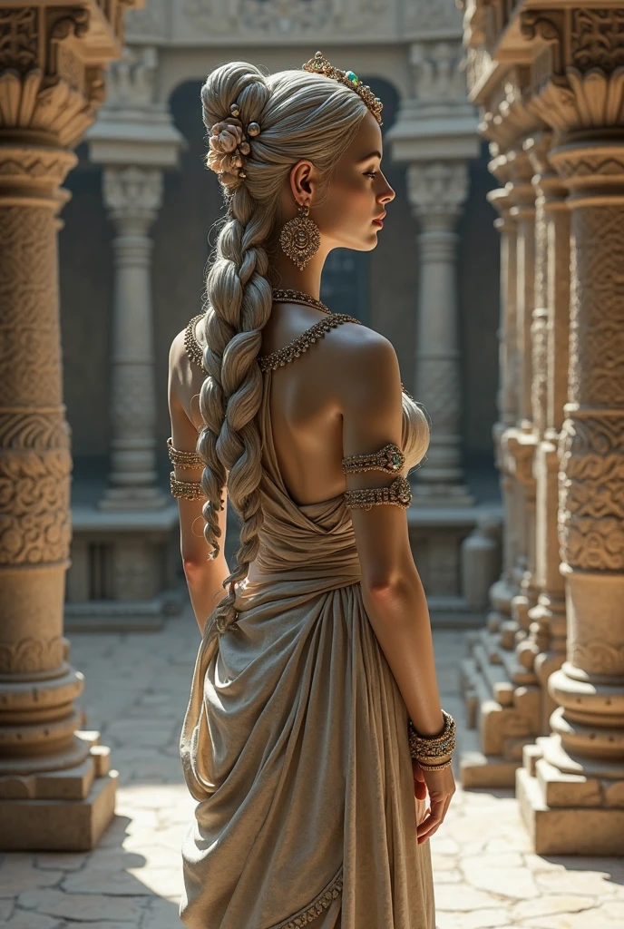 (Masterpiece.uhd) Back view. A naked warrior woman with a sword and shield. Age 23. Long braided blonde hair. She is climbing a large stone staircase. In front of her is a gigantic female statue over 20 metres high of a long-haired, almost naked warrior woman carrying a two-handed sword. Legs spread. In a temple resting on large, long Greek columns 