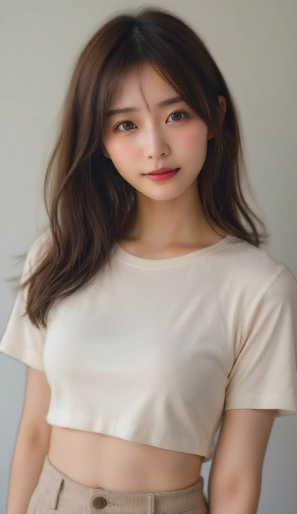 (High reality photograph, high resolusion, detailed face, detailed eyes) Skinny Japanese lady, 40 years old, wife, cute face, various face expression, solo:1, lovely body, skinny figure, small breasts, very thin waist, various hair style, white T-shirt, emphasizing breasts