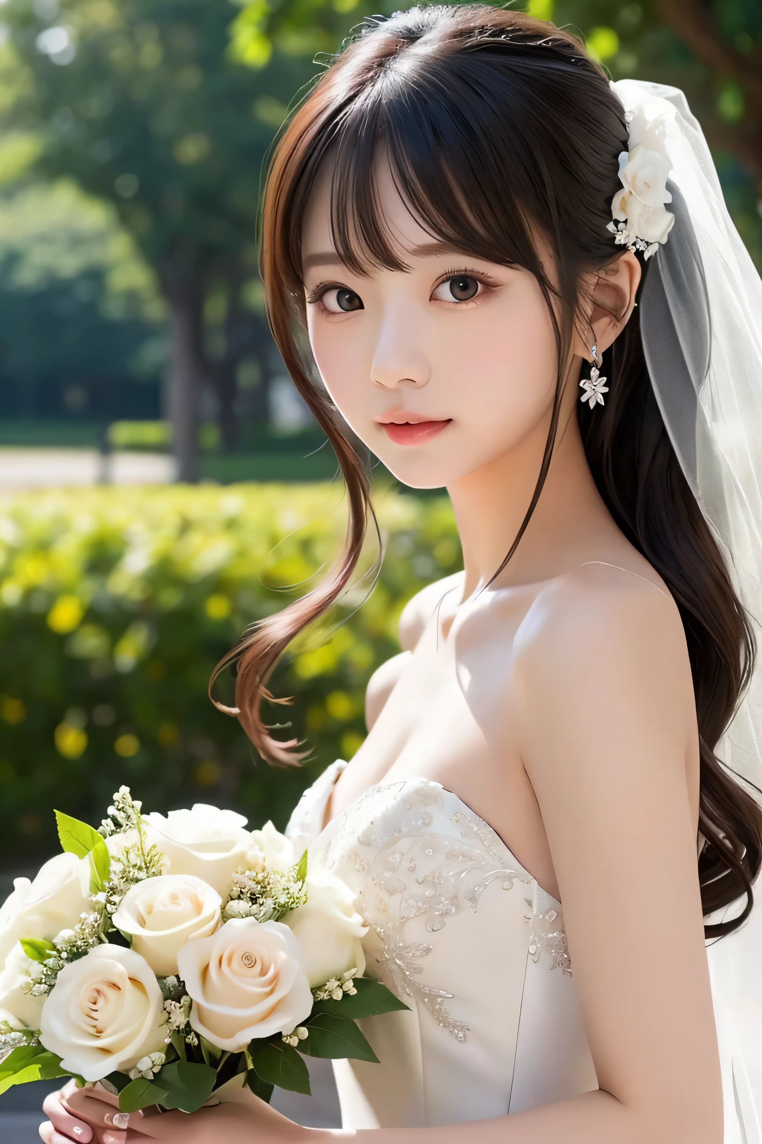 perfect figure beautiful woman：1.4，Layered Hair Style，Protruding cleavage：1.2，wedding gown：1.5，Highly Detailed Face and Skin Textur，Narrow eyes，二重まぶた，Whitens the skin，short detailed hair，full bodyesbian