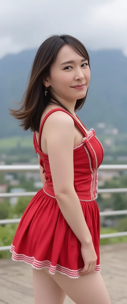 Asian woman in her fifties wearing a red dress sitting on the train tracks, Young Sensual Gravure Idol, Young and cute gravure idol, Young and skinny gravure idol, Young Gravure Idol, Ayaka, Young Japanese girl, Asian Girl, Japanese Model, realistic Young Gravure Idol, rumiko, Sana Takeda, young Asian Girl, A sophisticated gravure idol
