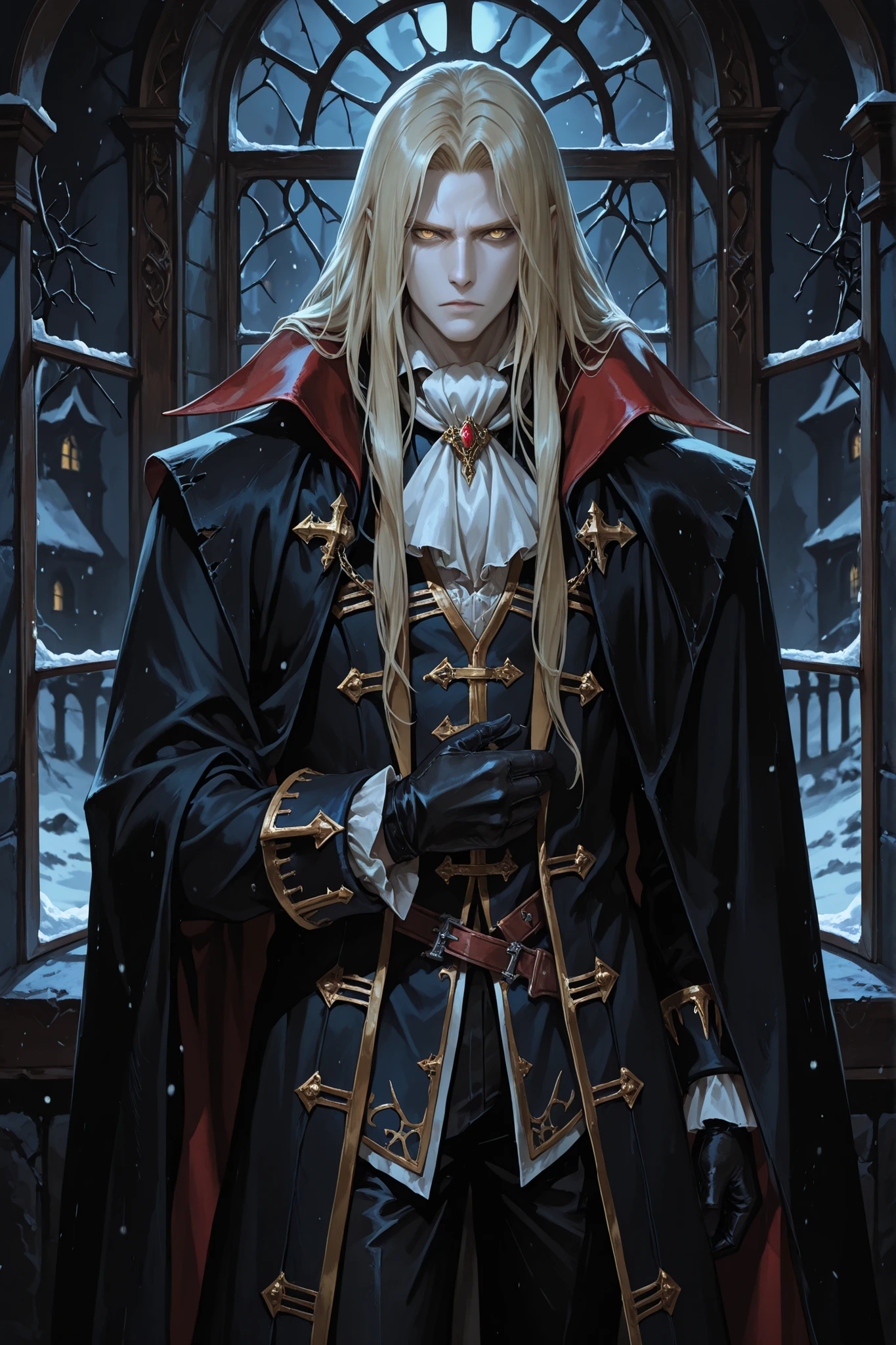 1boy, alucard (castlevania), long hair, yellow eyes, fair skin, cape, ascot, black gloves, black pants, coat, in the castle, torches, standing, near the window, night, cold look, closed mouth, thoughtful, looking at the viewer, cold, best quality, masterpiece, ultra detailed, very aesthetic