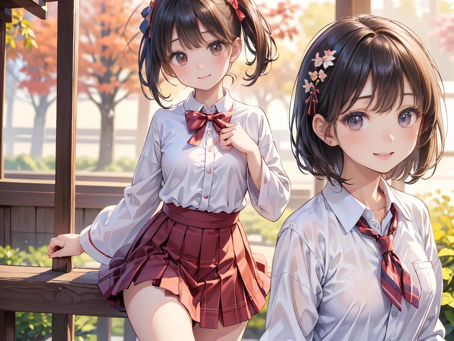 (highest quality:1.4)、High resolution、Detailed Background、(Detailed beautiful face:1.4)、Anatomically correct、(Depict the normal number of fingers:1.2)、(Detailed facial expressions)、Realistic、Beautiful, smooth skin、Teenage beauty、(Two women)、(Huge breasts:1.2)、Black Hair、brown hair、braided bob、braided ponytail、braided long、Emphasis on feminine silhouette、Zoom in on upper body only、Cowboy Shot、cute、Emphasise the absolute territory、Accentuate your cleavage、Amusement park date、

(Two beautiful girls looking at me with excited expressions:1.5)

Faster heart rate and breathing、Face and body turn red、Body tension and trembling、
Maximum sexual arousal、Moisture occurs、Very fast heart rate and breathing、
Increased physical arousal due to excitement、Your face and body become very red、Sweating and physical tension、
Thoughts are completely sexually focused、Strong sexual desire、Seeking physical contact or sexual activity、
Cute sailor suit made of sheer material、White sailor collar、plaid pleated mini skirt、White knee-high socks、black knee high socks、cute