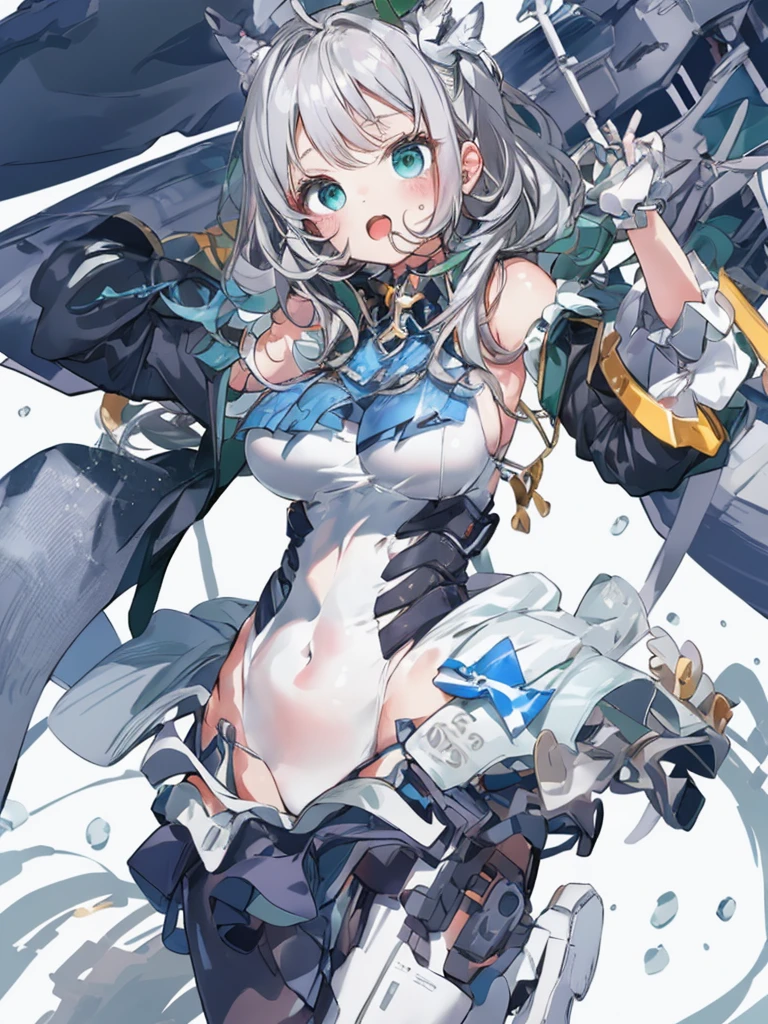 fantasy, 1angel_girl,(young_teen:1.5), ,brown_hair, medium_bob_hair, long_bangs, halo,bare_shoulder,thighhighs,silver_armor, waist_armor, large_breasts,angry,grinning,open_mouth_teeth, 1pair_wings, dynamic_pose_fighting,floating, bare_crotch, headgear,gauntlet, greaves,city_background,slightly_spread_legs, solo, groin_naked,