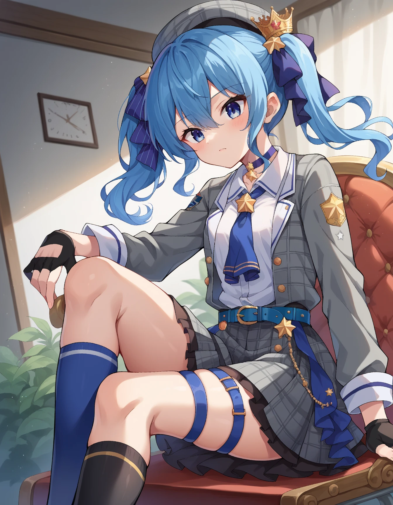 1girl, solo, detailed face,SuiseiBase, plaid beret, crown, blue star choker, star earrings, blue ascot, plaid jacket, plaid skirt, layered skirt, partially fingerless gloves, star bracelet, uneven legwear, thigh strap,(bike shorts),looking viewer,expressionless,small breasts,