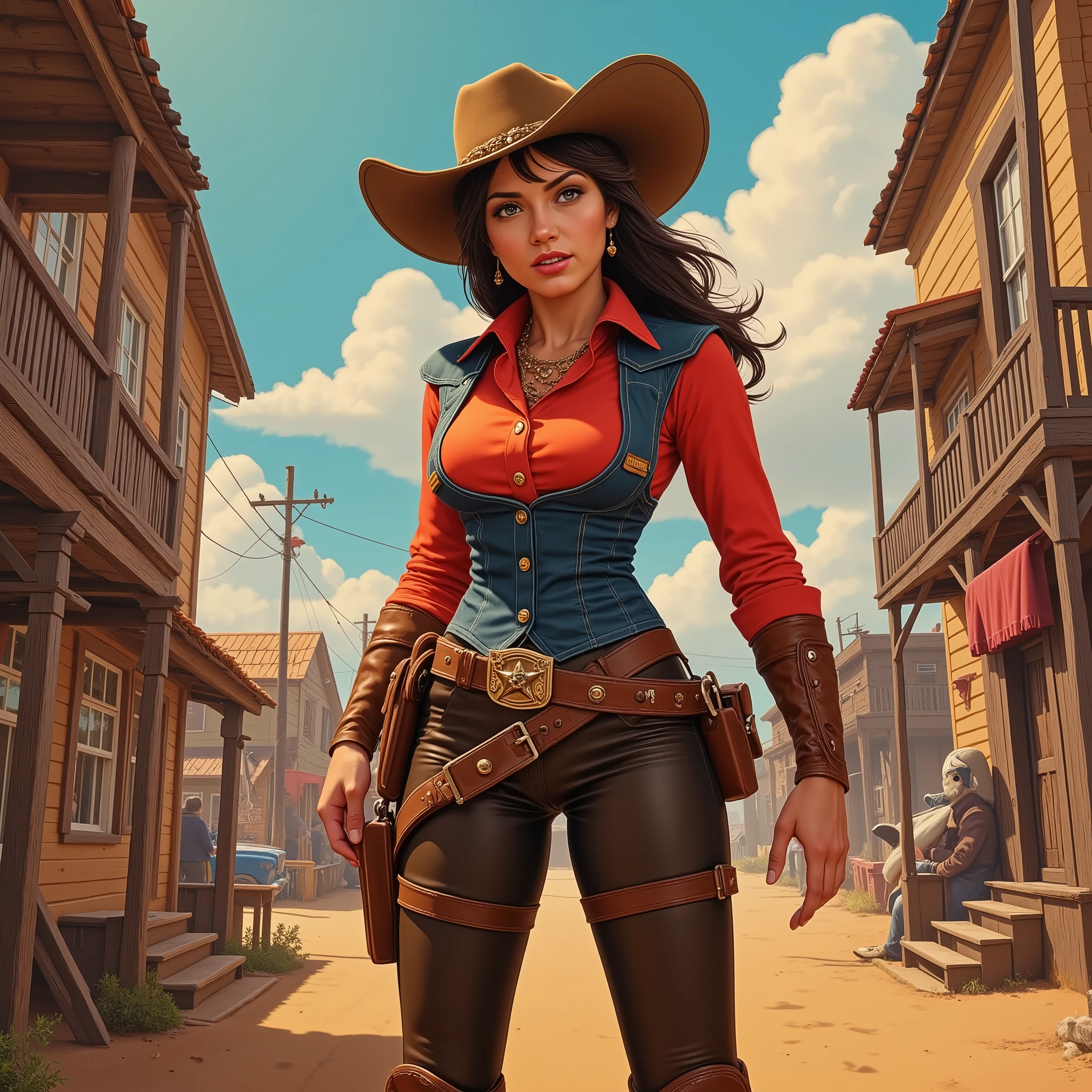 Create an image in a vibrant cartoon game style, featuring a curvaceous and attractive female cowboy. She should be depicted with an exaggerated, yet appealing figure, wearing a classic cowboy outfit with a stylish twist. The outfit includes a wide-brimmed hat, a decorative bandana, a fitted vest over a plaid shirt, and well-fitted jeans. Her pose should be confident and playful, with one hand casually resting on her hip and the other tipping her hat. The background is a colorful, stylized Wild West setting, complete with a saloon and desert landscape, <lora:pixelgirl2:0.75>