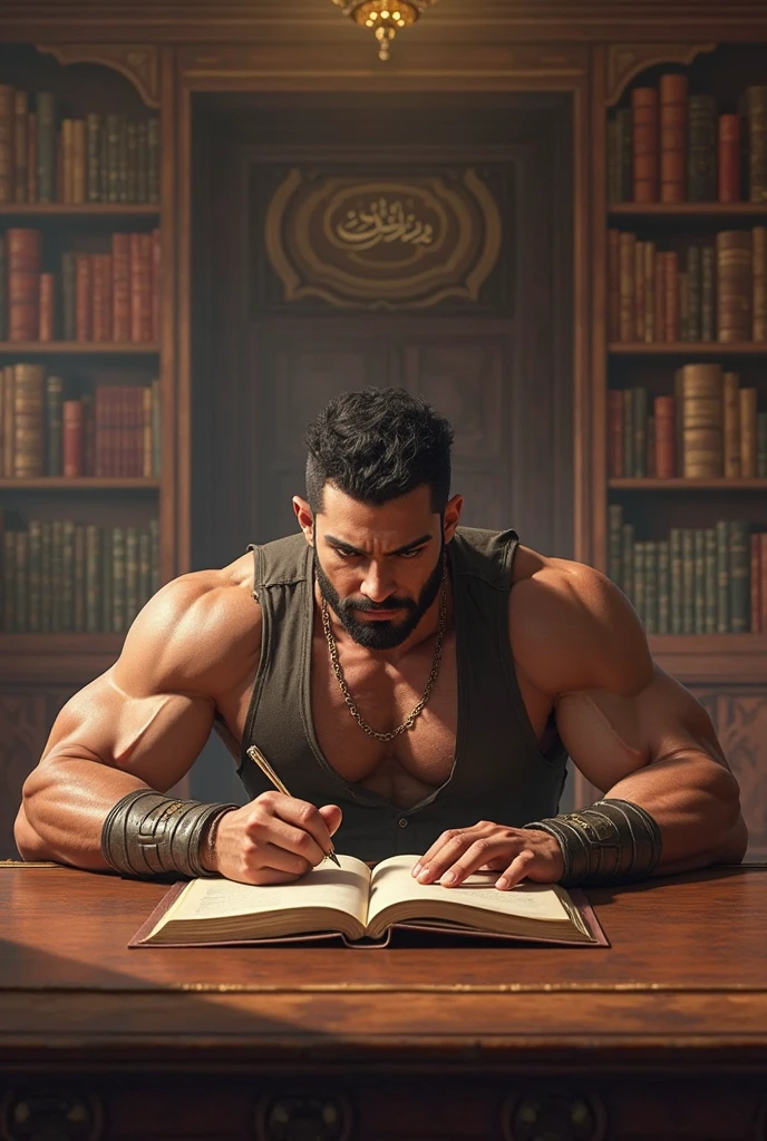 Create an athletic looking man, Cao Cao, brown hair and brown eyes, that he is sitting reading a letter 