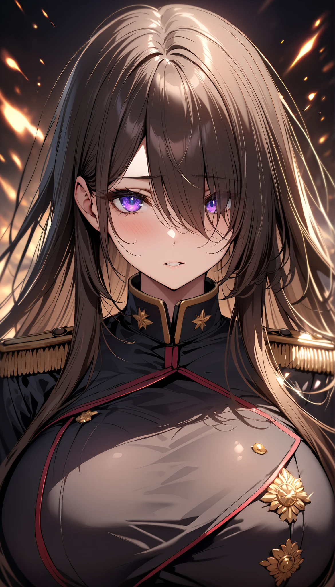 (masterpiece, Highest quality:1.2), (1girl), alone, ((long hair)), (dark brown hair)), (straight hair), ((hair over face)), (hair over one eye), (hair over right eye), (), (purple eyes), detailed eyes, high detail, bloom, ((detailed face)), (beautiful effects), ((huge breast)), (black military uniform)