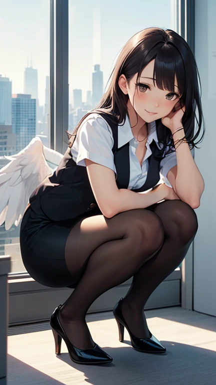 score_9, score_8_up, score_7_up, score_6_up, 1girl, breasts, at school, sit on desk, hasumi \(blue archive\), rhalo, black hair, long hair, hair between eyes, very long hair, , big breasts, she has black wings, , alternate costume, school outfit,,,, ,pantyhose, below view ,,, detailed foots, foot focus,sit, foots to viewer, crossed legs