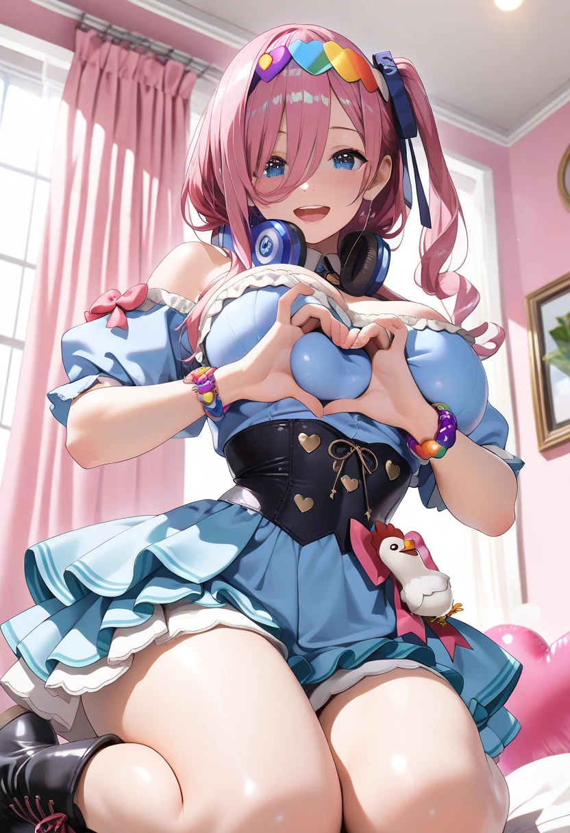 Ultra-high resolution,masterpiece, Attention to detail, Highest quality, 4K,(Pink Twintails、Blue ribbon),(heavy chest,Captivating body、Ultra-detailed skin、Beautiful eyes、Detailed Background),1 girl、(Ahegao,Eyes are hearts,How),(Peering into the glass、press your chest against the glass,hands on glass, breasts on glass:1.5)