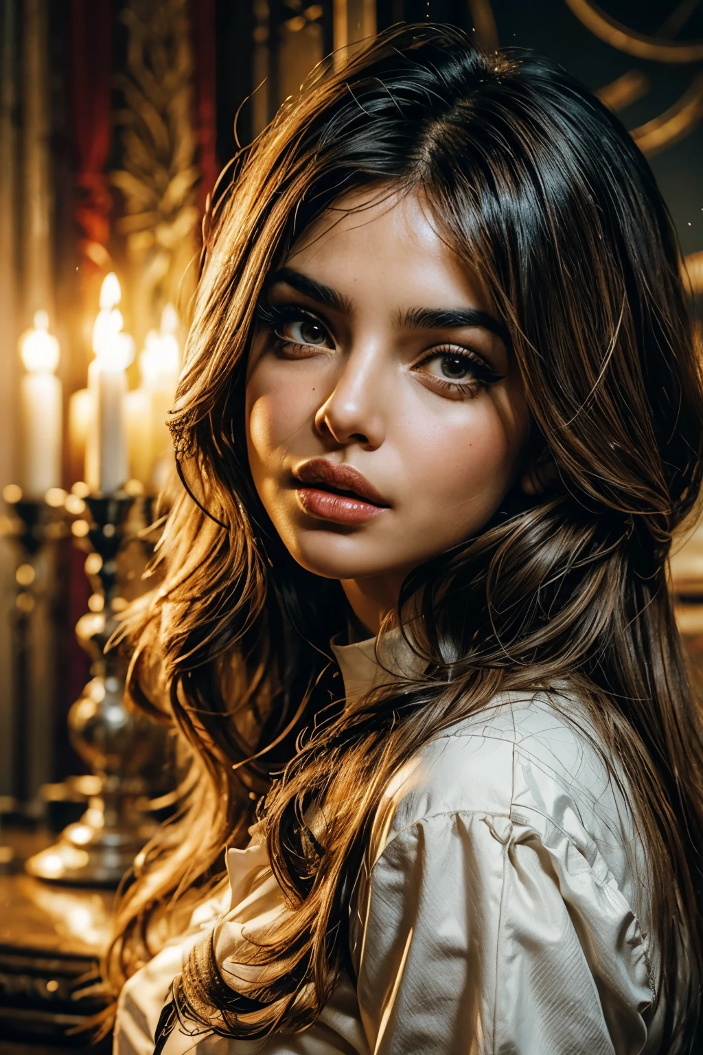 The model in the digital painting is a mesmerizing blend of Jenna Ortega, Lily Collins, and Nina Dobrev. She possesses the enchanting almond-shaped eyes of Jenna Ortega, the elegant and defined jawline of Lily Collins, and the captivating smile of Nina Dobrev. Her complexion is flawless, with a hint of scandalous allure emanating from her gaze. Her hairstyle is a beautifully messy combination of loose, tousled waves and soft, wispy strands, framing her face in a subtly rebellious and alluring manner.
Artistic Style and Techniques:
The digital painting employs a photorealistic rendering approach, capturing the intricate details of the model's features with remarkable precision. The application of dramatic lighting and shadows adds depth and intensity to the overall composition, elevating the scandalous and fine art-inspired aesthetic. The use of painterly brushstrokes enhances the organic and emotive quality of the piece, infusing it with a sense of artistic expression and depth.
Additional Artistic Elements:
The model is depicted in a sultry and confident pose, exuding an air of mystery and sophistication.
The background features subtle yet evocative elements of fine art-inspired motifs, adding a layer of intrigue and sophistication to the overall composition.
The color palette is rich and alluring, with deep, moody tones juxtaposed against vibrant accents, creating a visually striking and emotionally resonant experience for the viewer.
The final image is a masterpiece-level work of digital art that embodies the scandalous, visually captivating, and fine art-inspired aesthetic, suitable for a mature audience.