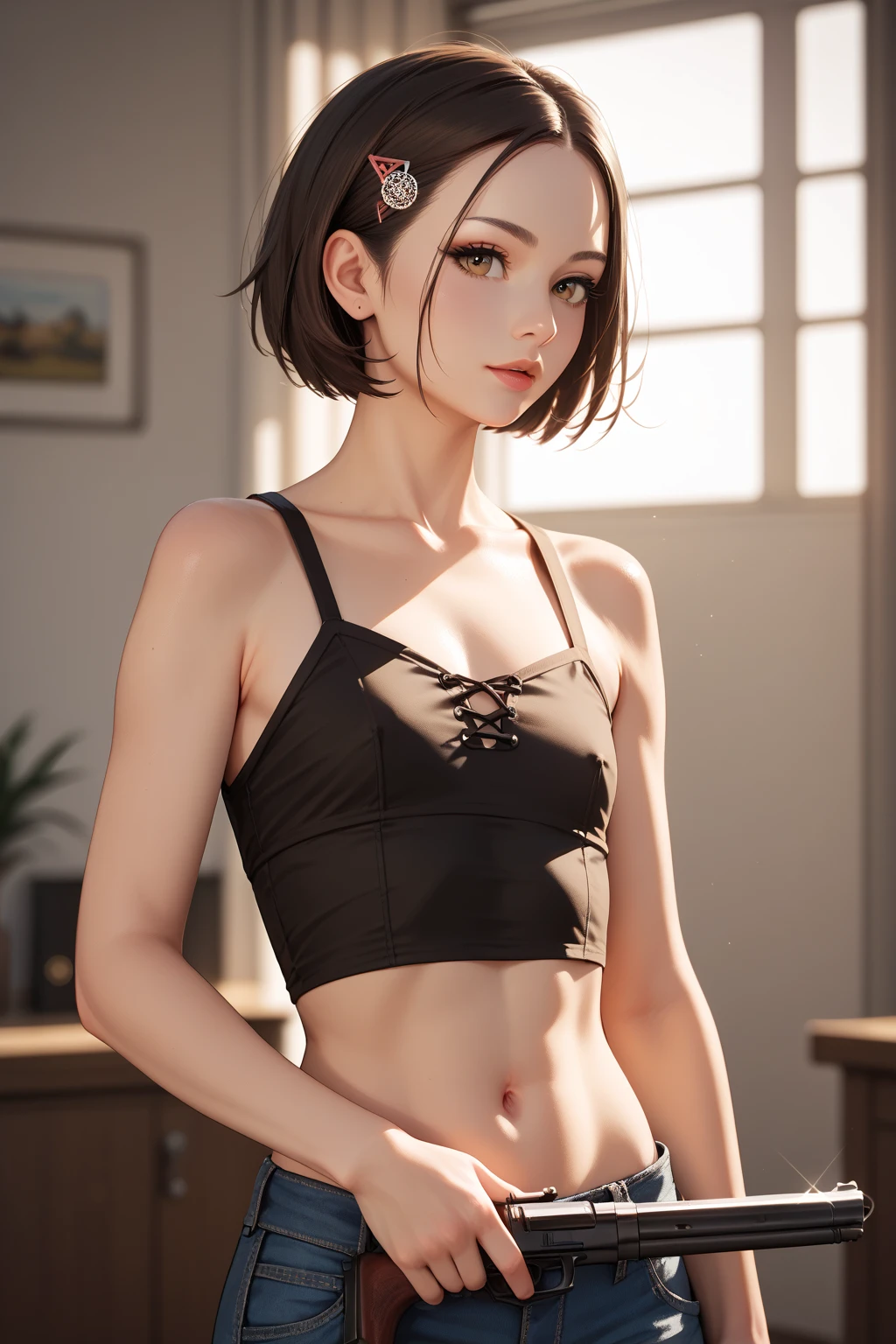 4K, masterpiece, 8 K, high quality, 最high quality, in the house, in the room, room background,Short black hair, Gathered in two tails,Iris,blunt bangs,freckles,very short,shorts, skin tight shorts, camel's foot,embarrassing,barefoot,very small ass,Very thin hips,Small photo frame,flat chest,short denim shorts,Open flight,Tsundere,printed t-shirt,Navel, Accurate and detailed beautiful female fingers, I don't wear a bra because it's uncomfortable, I don't wear panties because I don't want to