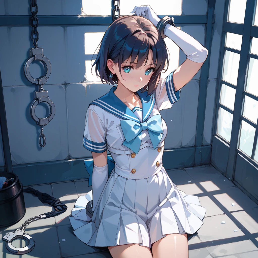 masterpiece,best quality,1 girl,(straight hair:1.3),((hands behind back)),sweet sailor,Mickto Bikini Upskirt,strong winds,(medium chest),(shackles),cute eyes,detailed eyes,detailed skin,lean against the wall,cross one's legs,movie lights,depth of field,