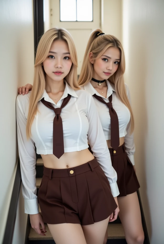 (masterpiece:1.2, Highest quality), (Realistic, photoRealistic:1.4), Beautiful illustrations, (Natural Side Lighting, Cinema Lighting), Browsing Caution,
View your viewers, Cowboy Shot, Front view:0.6, 1 Girl, Japanese, high school girl, Perfect Face, Cute and symmetrical face, Shiny skin,
(Long Hair:1.2, Half Up:1.4, Blonde), Blunt bangs, Golden Eyes, Droopy eyes, Long eyelashes, (Large Breasts:0.6),
Beautiful Hair, Beautiful Face, Beautiful attention to detail, Beautiful clavicle, Beautiful body, Beautiful breasts, Beautiful thighs, Beautiful feet, Beautiful fingers,
((White collared shirt, Grey pleated skirt, Black socks, Red plaid bow tie), Pink Panties),
(Beautiful views), morning, School rooftop, squat, (Cute smile, Upward glance),
((((Emphasize cleavage))))
((((Panties and bra are visible))))