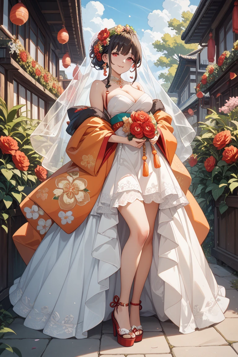 full body, solo, 1girl, looking ahead, smile, blush, medium breasts, sunbeam, Ranunculus \(flower\), floral background <lora:nidy-2d-_style_v02:1>
