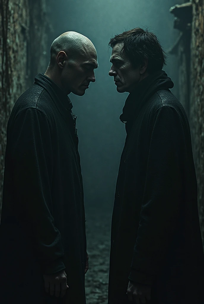 lines of fate between two men in black and white and the red line, drawn