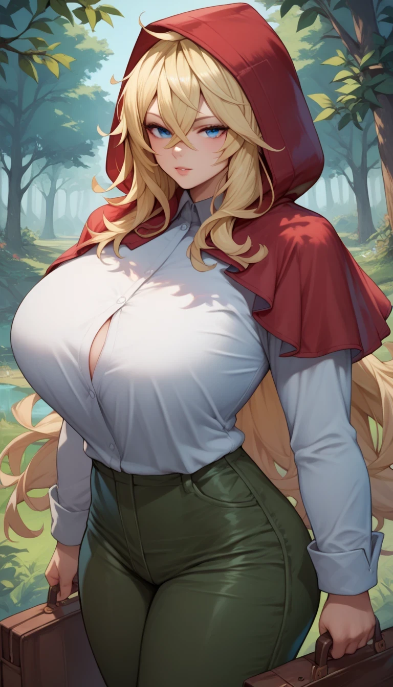 (Masterpiece, best quality, highres, realistic:1.3), young teenage (nervous:1.2) woman, (gigantic breasts:1.7), (bursting breasts:1.4), (thin:1.2) (detailed face, beautiful face), (red hooded cloak:1.2), skimpy white lace dress, (ripped torn clothes), skirt, blonde hair, dark forest, fantasy, (dynamic)