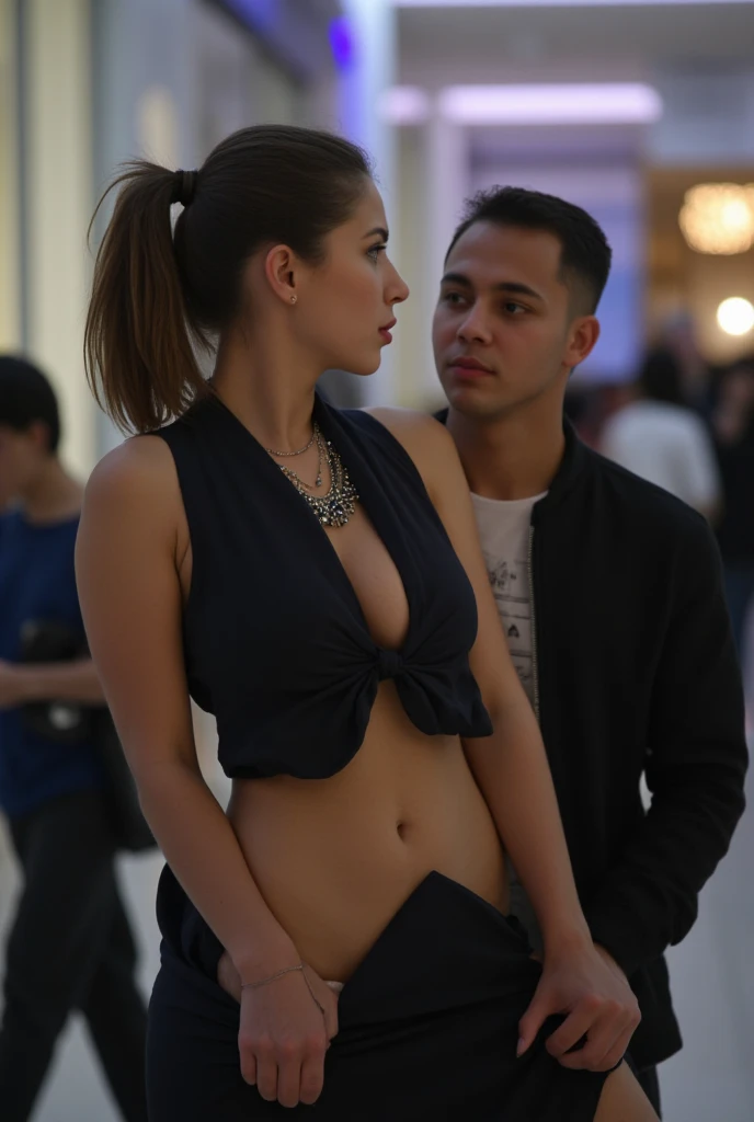 Old guy groping a 18 year old cute pretty girl in the middle of a busy mall ,((flat chest)) , seductive expression , ((pouting lips)) , (mouth open), braids , looking at viewer , wearing thong + hoodie , (exposing pubic hair ) , ((hands on crotch))