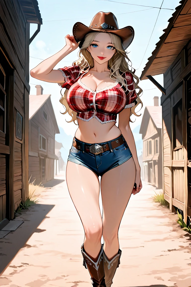Blonde woman in cowboy hat posing for camera,  (((Large Breasts、Breast sagging、Low-cut，Cleavage ，Wide hips,)))((Long legs)),Hourglass figure))very detailed character, 8k high quality detailed art, Realistic shadow perfect body, Cowboy girl, high resolution committee, Realistic fantasy illustrations, Beautiful digital artwork, Realistic digital illustrations, Beautiful cowboy witch, realistic art style, Detailed game art illustrations, Stunning digital illustrations, [ 4k digital art ]!!