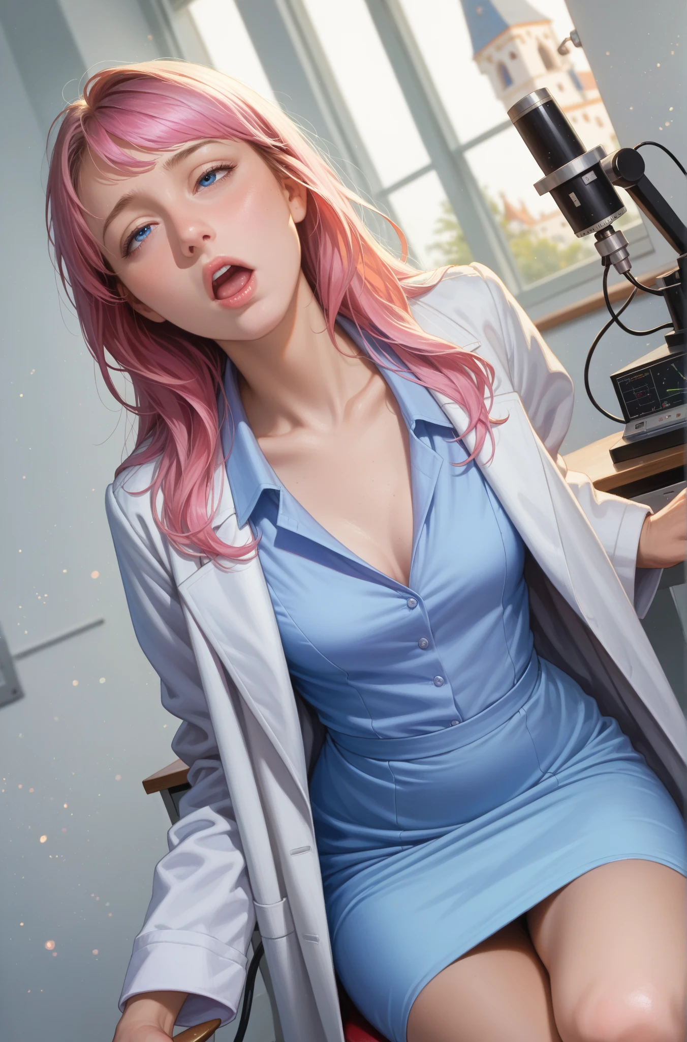 
8k, masterpiece, Highest Quality, close-up, (1 girl on break day, solo, long hair, bungs, gradation of white and pink hair, blue eyes, eyes half closed , parted lips, orgasm face, middle , wide hips, thighs are thick), (white background, dynamic angle, bokeh background, rating_explicit, Anatomically Perfect Hands, five fingers, beautiful face above the castle gate), (Soft Lighting, studio shot, simple background, white background), (masterpiece, Highest Quality, RAW photos , photorealistic, employment, intricate details, reflections, PHOTOGRAPHY WITH CANON EOS R5, 50MM lens, debt/2.8, high resolution, 8k resolution, ray tracing), (sensual female researcher, clavicle, Chest, white dress shirt, white short skirt, Looking through a microscope:1.3, 前かがみ, foot, attractive, [doctor, white coat), (random angle, Random Poses),