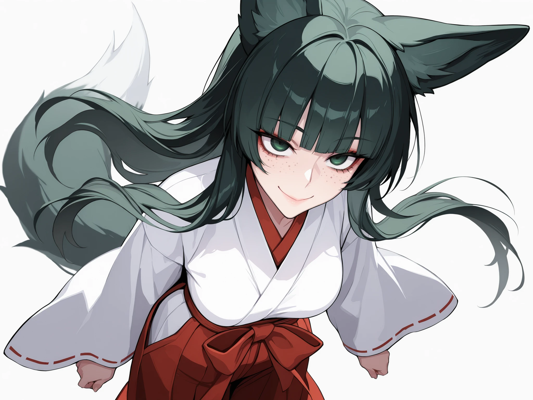 absurdres, (((Ultra HD))), (((Ultra High Quality))), ((hyper detailed)), ((Ultra High Resolution)), (Highly rendered), ((detailed eyes)), (((8K))), ((perfect face)), ((masterpiece)), cinematic, darkened, solo, 1girl, young, thin, Kitsune, fox tail, fox ears, freckles, dark green hair, long hair, blunt bangs, smile, dark green eyes, medium breasts, miko, shrine maiden, kimono, wide sleeves, red hakama, white background, standing