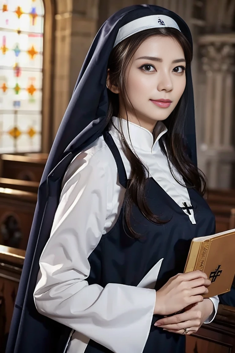 (masutepiece), Best Quality, Photorealsitic, finely detail, hight resolution, 8K Wallpapers, Perfect dynamic composition, Beautiful detailed eyes, Medium Hair, (Nun with cross and rosary in hand in cathedral), (Veiled nun), (Breast bulge 1.2), A smile, Open mouth、25-years old, (Drooping eyes 1.4), Adult beauty, Japanese.