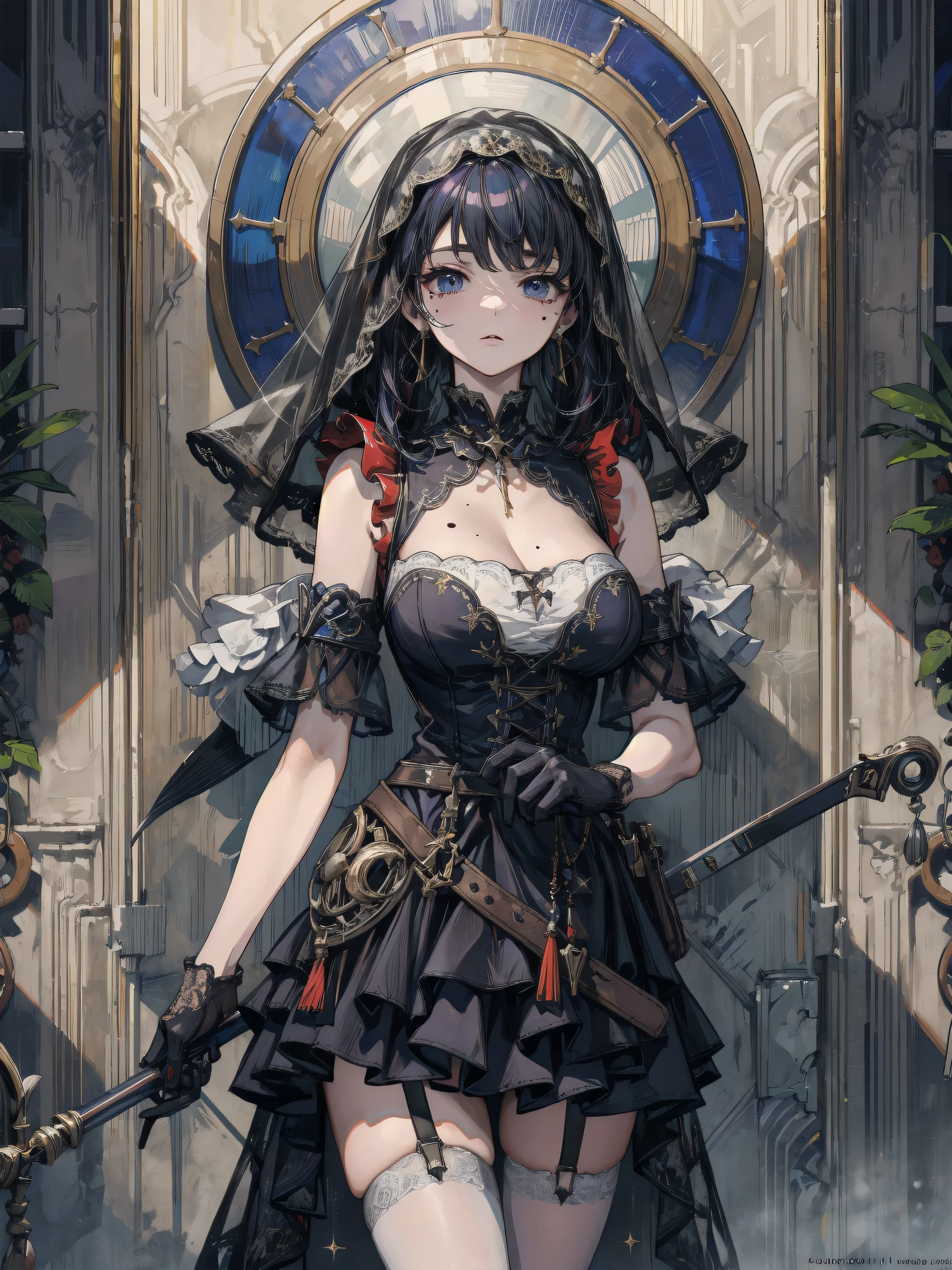 whole body, bloody huge axe, sickly, black dress, face veil, mansion, hall, absurdres, RAW photo, extremely delicate and beautiful, masterpiece, Best Quality, ultra high resolution, 32k, hyperrealistic, ultra-detailed description, pale skin, 20 years old, detailed beautiful face and eyes, tearful mole, earring, Colossal tits, short medium wavy hair, 