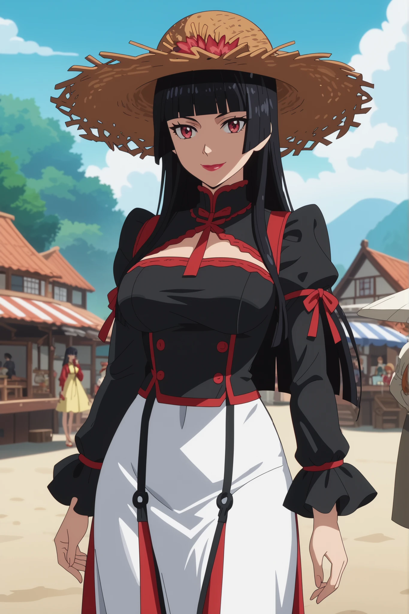 score_7_up, anime screencap,
RoryMercury,
1girl, closed mouth, light smile,
long hair, black hair, red eyes, hime cut, blunt bangs, lipstick, Conical Straw Hat,
over shoulder, Big breasts, vietnamese dress, pants, long sleeves,
solo, cowboy shot, Boutdoors,