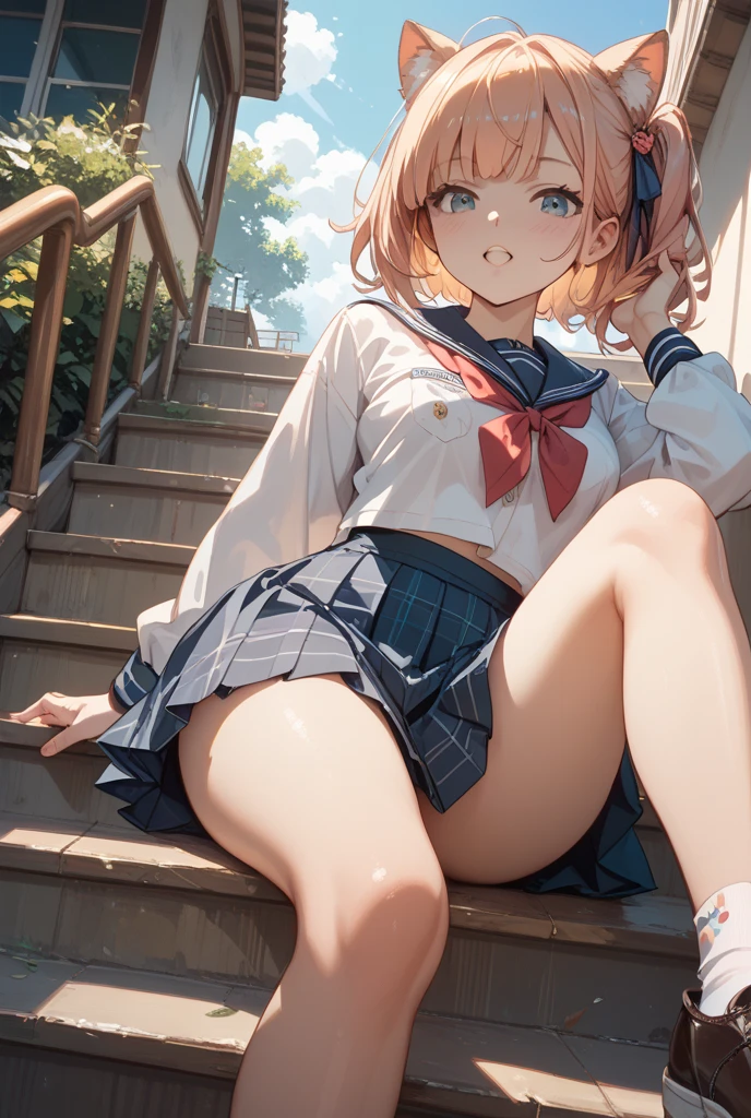 A high school girl with a huge futanari erection and no panties urinates on the stairs、Smiling and ejaculating in ecstasy while defecating in large quantities