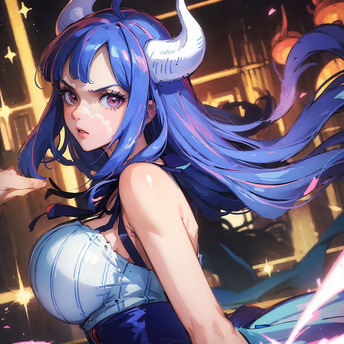 A scene of a female demon smiling defiantly. She has a beautiful and attractive appearance, but her eyes are cold and cruel. She uses her beauty as a weapon to seduce humans. She wants to steal their hearts and put them under her control. She is sure of her success, as her plan is flawless. She looks down on humans and smiles defiantly. BREAK Twirl: This effect simulates the appearance of a twirl, with a circular distortion and rotation. It can create a dizzy or surreal mood for the scene.