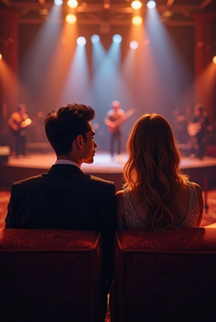 Magnificent detail, 8K Photos, hyper- realism, realistic background, visual depth, wide angle lens, professional light. POV Redhead. {A redhead man sitting on a cinema chair, looking at a beautiful 23-year-old woman, natural blonde, white-skinned, kneeling on the floor with a seductive look. They caress each other passionately. The blonde woman is wearing high heels, leather skirt and low-cut bra partially showing her breasts, with her hands on the dark-skinned man's knee. You can see a cup of soda and a bag of popcorn on the armrest of the chair. The setting is a movie theater, watching the movie 50 Shades of Grey. There are other people in the cinema. The photo is captured from the redhead man's point of view. #Exhibitionism making out in the cinema